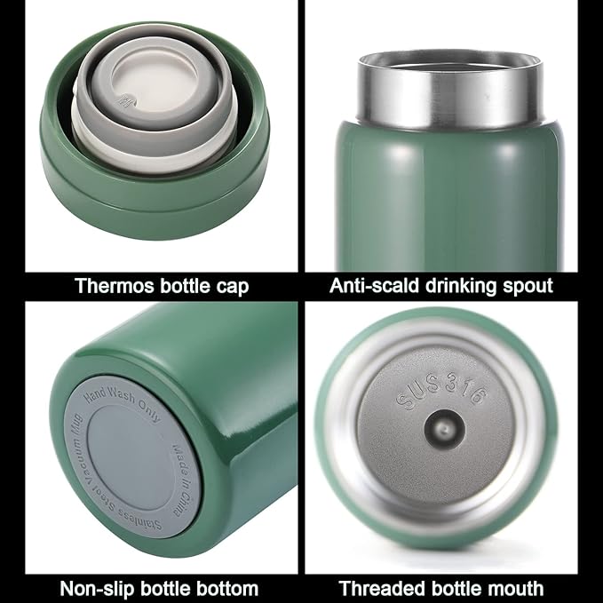 10oz Mini Water Bottle Stainless Steel Thermos Small Flask - Insulated Vacuum, Leak Proof, Keeps Drinks Hot/Cold - Ideal for Coffee, Tea, Water - Green