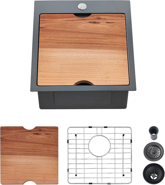 Kitchen Sink, 17 x 19 Inch Drop in Bar Sink Gunmetal Black Stainless Steel Workstation Sink Topmount Kitchen Sink Single Bowl with Cutting Board