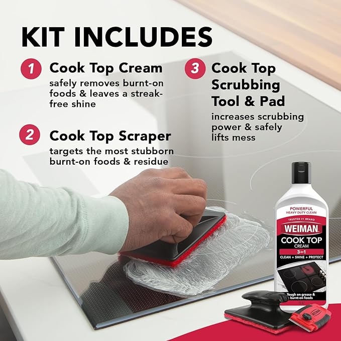 Weiman Glass Cooktop Cleaner Kit - Remove Burned on Food, Grease & Grime and Polish Stovetop, Ceramic & Induction, Streak Free, Cleaning Supplies, 20 Oz, Scrubbing Pad, Razor Scraper