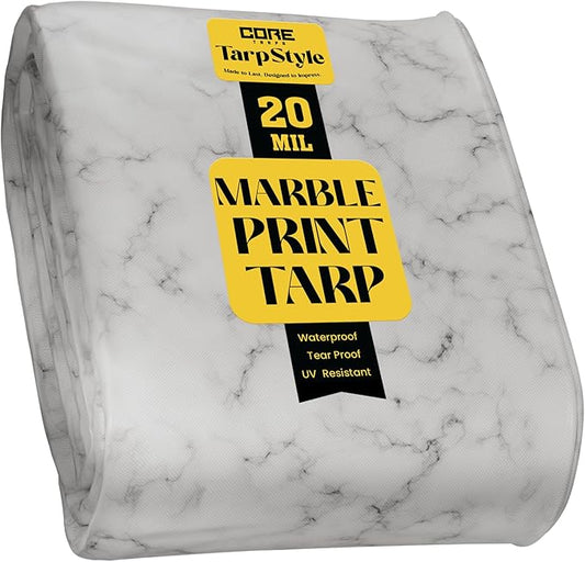 Core Tarps Extreme Heavy Duty 20 Mil Tarp Cover, Waterproof, UV Resistant, Rip and Tear Proof, Poly Tarpaulin with Reinforced Edges for Roof, Camping, Patio, Pool, Boat (Marble/White 24′ X 24′)