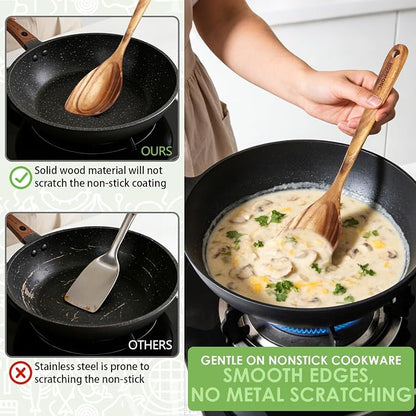 HOWHONG Corner Spoon Wooden Cooking Utensil, Long Handle Acacia Wood Spoon - Image 5