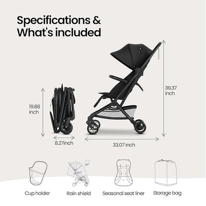 Mompush Velo Lightweight Travel Stroller – One-Hand Fold, Ultra-Compact & Airplane Friendly, Lie-Flat Recline Seat (from Birth to 50 lbs), Includes Cup Holder, Shoulder Strap, and Leather Bumper Bar