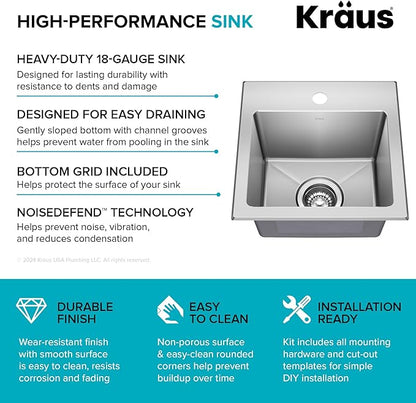 KRAUS Fairlane 15-inch Drop In/Top Mount Single Bowl 18-Gauge Stainless Steel Kitchen Bar Sink, KHT631-15