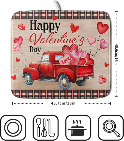 Valentine's Day Truck Dish Drying Mat 16x18 inch Love Heart Washable Absorbent - Image 2