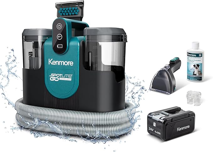 Kenmore KW1090 SpotLite Go 24V Cordless Brushless Portable Carpet Spot Cleaner, 16Kpa Power Suction, 55Mins Runtime with Hose Cleaning Tool for Pets, Area Rugs & Couches