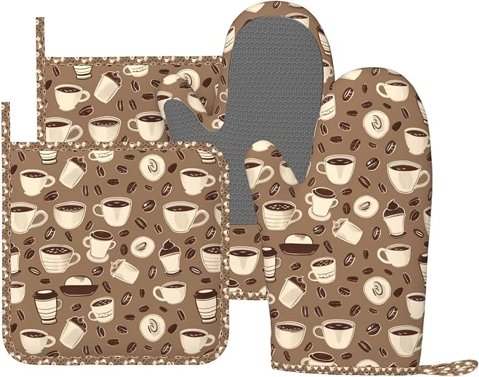 Oven Mitts and Pot Holders Set, Coffee Pattern Bean Silicone Kitchen by DADABULIU