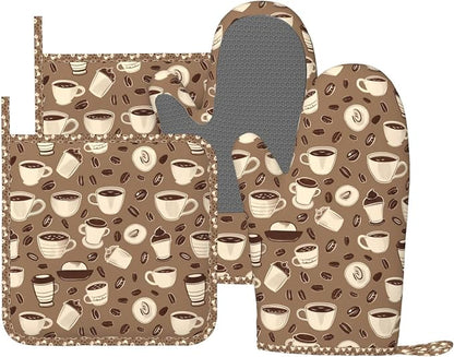 Oven Mitts and Pot Holders Set, Coffee Pattern Bean Silicone Kitchen by DADABULIU