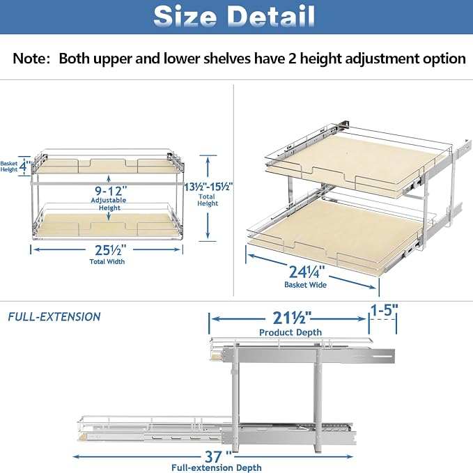 ROOMTEC 2 Tier Individual Pull Out Cabinet Organizer 25½"W x 21½"D, Slide Out - Image 3