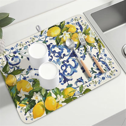 Lemon Dish Drying Mat 24x18 Inch, Italian Olive Tree Dish Drainer Mats Summer - Image 8