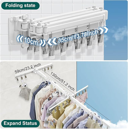 Hoimpro White 51" Clothes Drying Rack Retractable Foldable Wall Mounted - Image 3