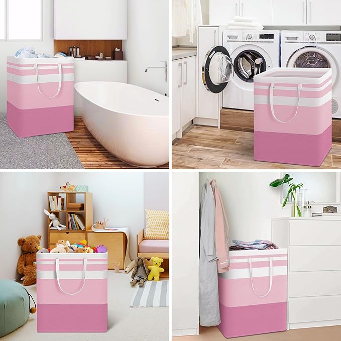 HomeHacks 2 Pack Large Laundry Baskets, Waterproof, Freestanding Laundry Hampers, Collapsible Clothes Hamper with Reinforced Handles in Laundry, College Dorm, Bathroom, Bedroom (Grey+Pink, 125Lx2)