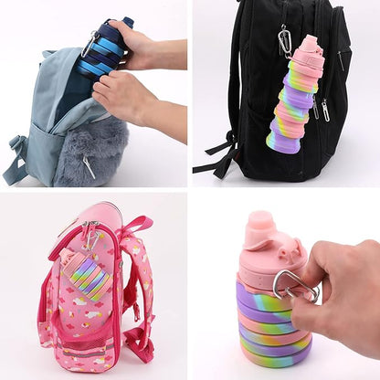 Collapsible Water Bottles for Travel, Foldable Sports Water Bottle for Kids, Reusable Water-proof Silicone Water Bottles with mountaineering Buckle for Camping Hiking Holiday