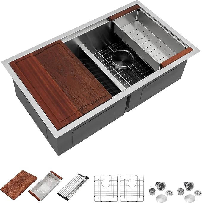 Dcolora 33 In. Double Bowl Kitchen Sink Undermount Sink Workstation Stainless Steel 50/50 Split Low Divided 16 Gauge Under Counter Basin, 33"x19"x10",DC-U-1111
