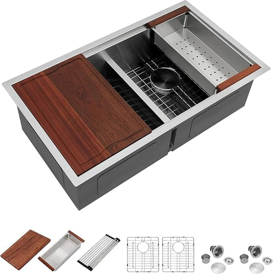 Dcolora 33 In. Double Bowl Kitchen Sink Undermount Sink Workstation Stainless Steel 50/50 Split Low Divided 16 Gauge Under Counter Basin, 33"x19"x10",DC-U-1111