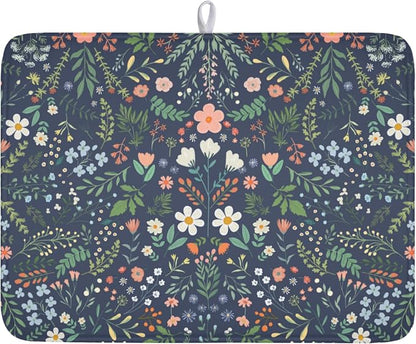 Floral Dish Drying Mat for Kitchen Counter Rustic Flower Leaves Print by Unknown