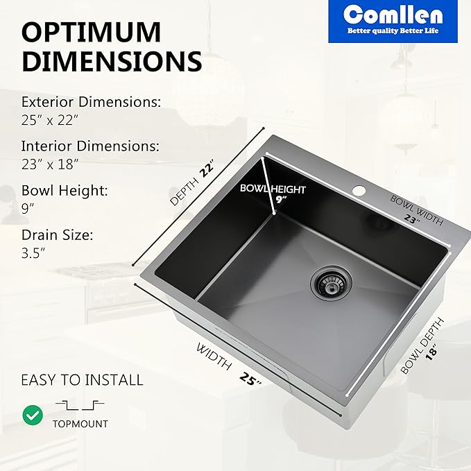 Comllen 25 x 22 Inch Drop In Black Kitchen Sink,Topmount 16 Gauge Stainless Steel Black Kitchen Sinks, 9 Inch Deep Utility RV Sink with Dish Grid and Basket Strainer
