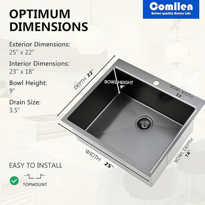 Comllen 25 x 22 Inch Drop In Black Kitchen Sink,Topmount 16 Gauge Stainless Steel Black Kitchen Sinks, 9 Inch Deep Utility RV Sink with Dish Grid and Basket Strainer