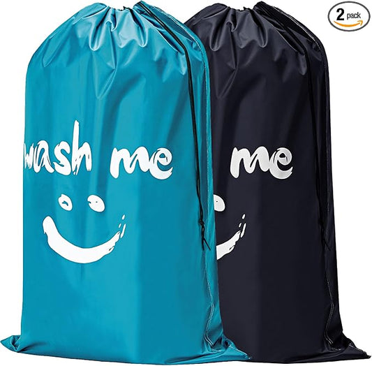 HOMEST 2 Pack XL Wash Me Travel Laundry Bag, Dirty Garments Organizer, Large Enough to Hold 4 Loads of Clothes, Easy Fit a Hamper or Clothing Basket, Black and Sky Blue