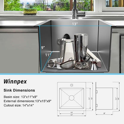 15x15 inch Drop in Bar Sink, 15 inch Small Kitchen Sink Topmount 18 Gauge Single Bowl Stainless Steel Bar Sink with Basket Strainer Drain & Bottom Grid