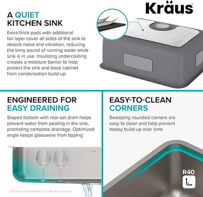 KRAUS Dex 25-inch Undermount 16 Gauge Stainless Steel Single Bowl Kitchen Sink, KA1US25B