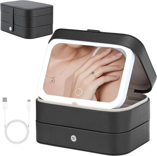 Travel Jewelry Case with LED Lighted Mirror, Portable Travel Jewelry Organizer, 2-Layer Jewelry Box for Earrings Necklace Bracelet Rings, Birthday Gifts for Women Girls Kids (Black)