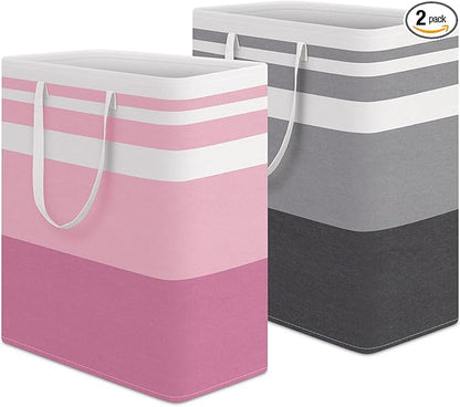 HomeHacks 2 Pack Large Laundry Baskets, Waterproof, Freestanding Laundry Hampers, Collapsible Clothes Hamper with Reinforced Handles in Laundry, College Dorm, Bathroom, Bedroom (Grey+Pink, 100Lx2)