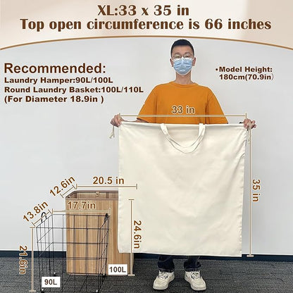 Canvas Laundry Bag 33"x 35", Thick Cotton Laundry Bag with Handles & Drawstring, Extra Large Heavy Duty Washable Basket Liner Hamper Liner Canvas Storage Sack (Beige XL, 2 Pack)