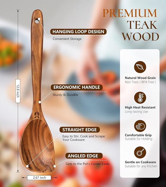 Wooden Spoons for Cooking, Natural Premium Teak Wood Corner Spoon, Good Grip - Image 2