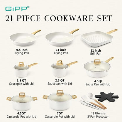 GiPP 21Psc Pots and Pans Set Non Stick White Granite Kitchen Cookware Sets - Image 2