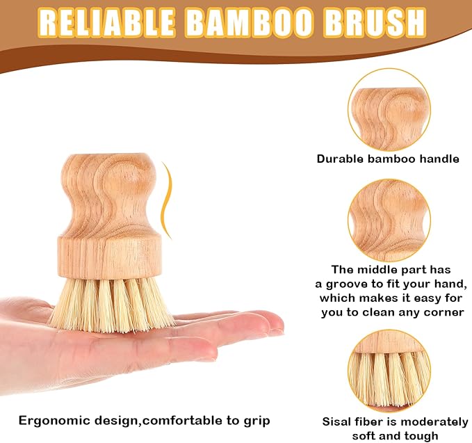 Nuenen 6 Packs Bamboo Dish Scrub Brushes Wooden Scrubbers Set Kitchen Dishwashing Scrubber with Natural Sisal Bristles for Iron Pot Pan Sink