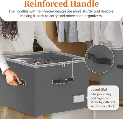 Shoe Organizer for Closet, Foldable Shoe Storage Containers, Fits up to 16 Pairs, Large Shoe Storage Organizer Box Cubby Baskets Bins with Clear Cover and Reinforced Handles, Gray