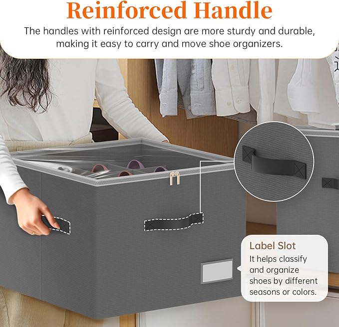 Shoe Organizer for Closet, 2 Pack Foldable Shoe Storage Containers, Fits up 16-32 Pairs, Shoe Storage Organizer Box Cubby Baskets Bins with Clear Cover and Reinforced Handles, Gray