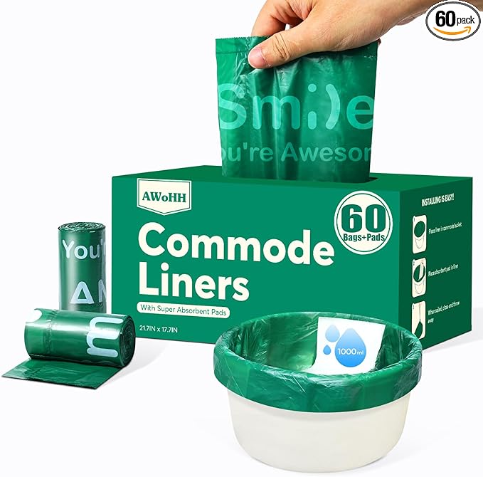 Commode Liners with Absorbent Pads, 60Pack Tear-Free Leak-Proof Bedside Commode Liners, Universal Disposable Commode/Bed Pan Liners for Bedside Commode, Standard Toilet, Chair Bucket(60Bags+60Pads)
