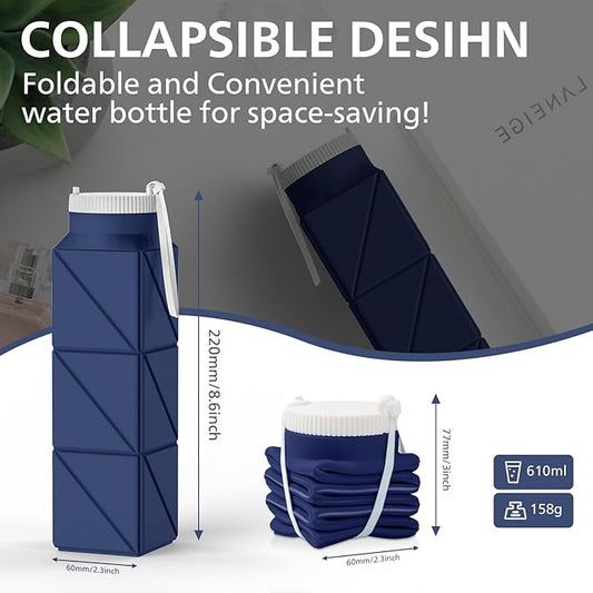 610ml Collapsible Water Bottles Upgrade Foldable Water Bottle BPA Free Reusable Lightweight LeakProof Silicone Water Bottles 20.6oz for Travel Hiking Office Camping Outdoor Sport Dark Blue