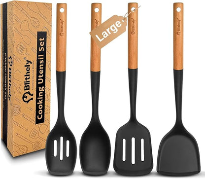 4PCS Silicone Cooking Utensils Set, Large Nonstick Spatula Spoons Set by Blithely