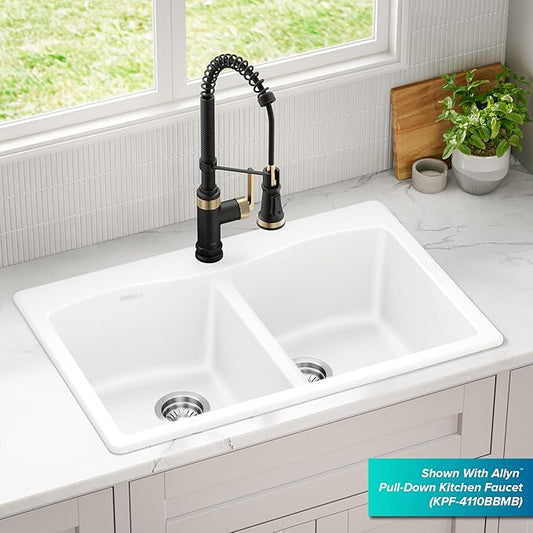 KRAUS Forteza 33-inch Granite Drop In/Undermount 50/50 Double Bowl White Kitchen Sink, KGD-52WHITE