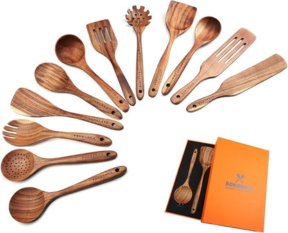 Wooden Spoons for Cooking, 12 Pack Wooden Utensils for Cooking Wooden Cooking by BOKALAKA