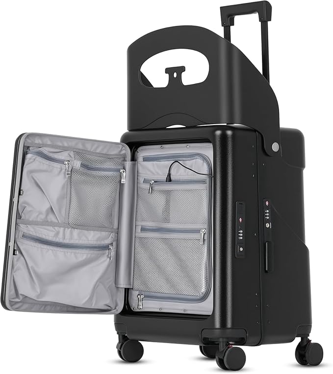 20" Carry-On Luggage with Seat for Kids & Adults, Lightweight Hardside Ride-On Suitcase with Front Opening, TSA Lock, 360° Spinner Wheels (Black, 20-inch)