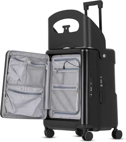 20" Carry-On Luggage with Seat for Kids & Adults, Lightweight Hardside Ride-On Suitcase with Front Opening, TSA Lock, 360° Spinner Wheels (Black, 20-inch)