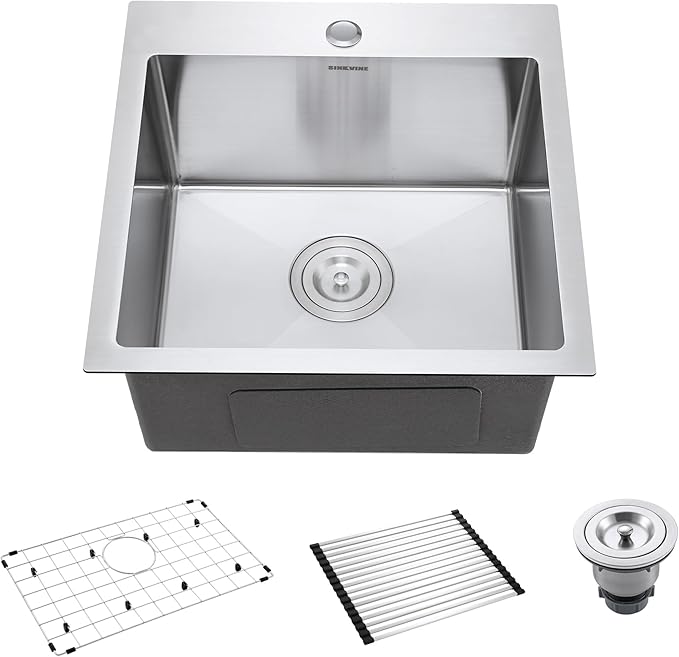 18-Inch Bar Sink Drop-In, SINKVINE Stainless Steel Kitchen Sink for Laundry Outdoor, RV, Top Mounted with Deep Single Bowl, 3.5" Drain Strainer, Bottom Rise Grid, Roll-up Drying Unit, 18 x 18 inch