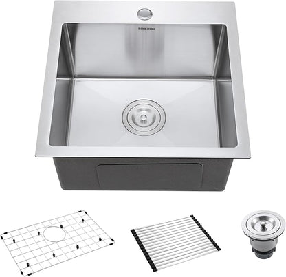 18-Inch Bar Sink Drop-In, SINKVINE Stainless Steel Kitchen Sink for Laundry Outdoor, RV, Top Mounted with Deep Single Bowl, 3.5" Drain Strainer, Bottom Rise Grid, Roll-up Drying Unit, 18 x 18 inch