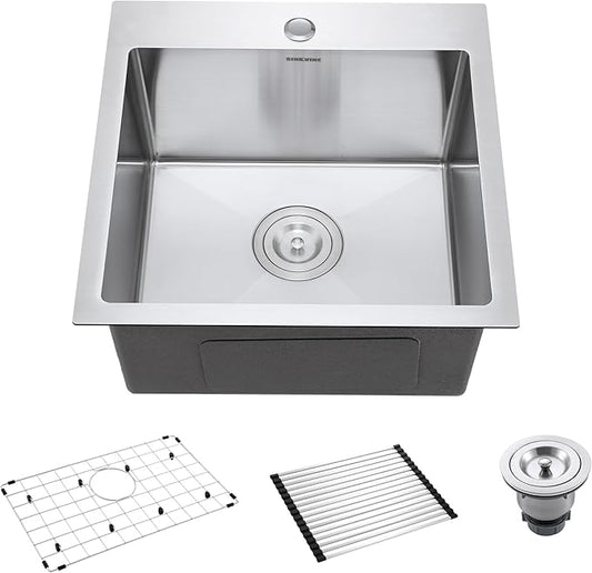 18-Inch Bar Sink Drop-In, SINKVINE Stainless Steel Kitchen Sink for Laundry Outdoor, RV, Top Mounted with Deep Single Bowl, 3.5" Drain Strainer, Bottom Rise Grid, Roll-up Drying Unit, 18 x 18 inch