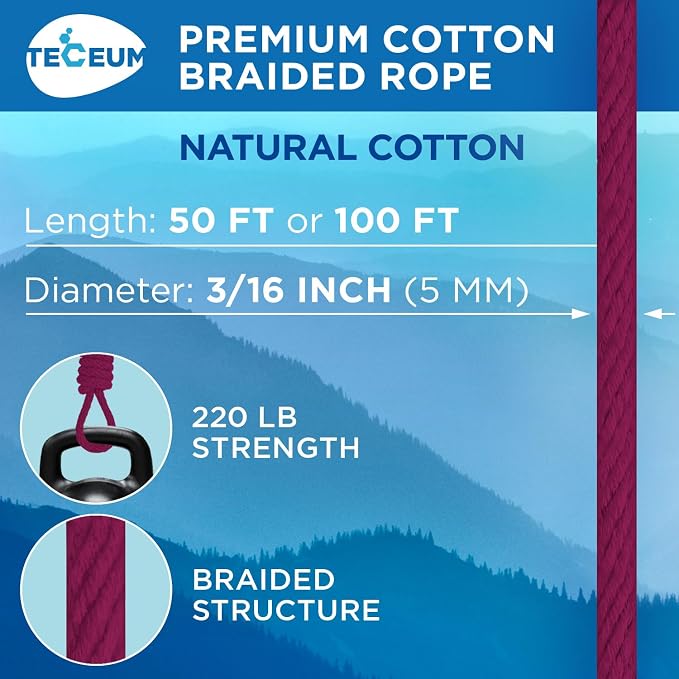 TECEUM Cotton Rope 3/16” – 50 FT – Strong All-Purpose Braided Rope – Natural - Image 2