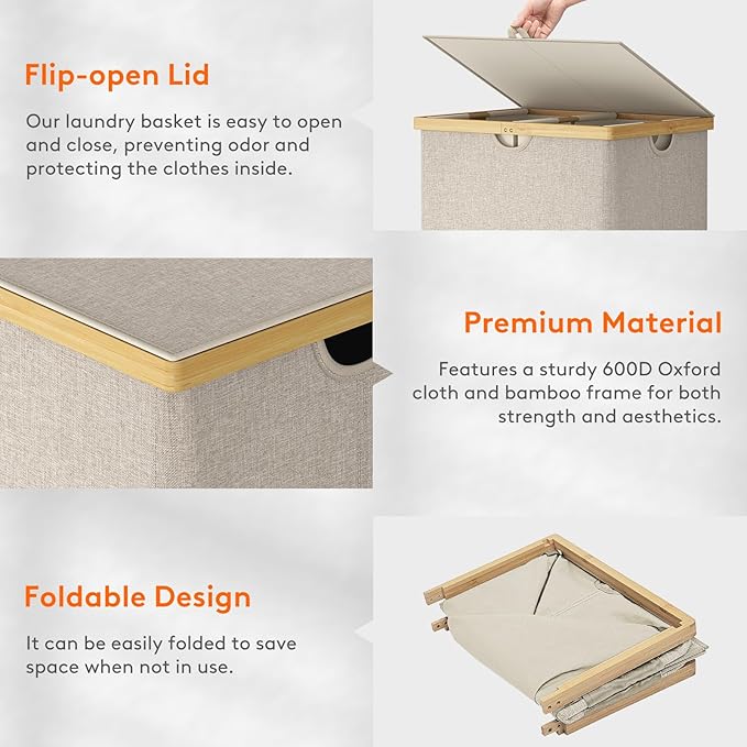 Lifewit 120L Double Laundry Hamper with Lid, Extra Large Bamboo Laundry Basket Dirty Clothes Hamper, 2 Section Laundry Bin Organizer for Laundry Room Bedroom with 2 Removable Liners & Bags, Beige