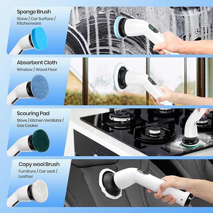 Electric Spin Scrubber, Full-Body IPX7 Waterproof Cordless Shower Scrubber with 8 Replaceable Heads, Upgraded Extension Handle, 2H Work Time, 2 Speeds for Bathroom Shower Tile Glass