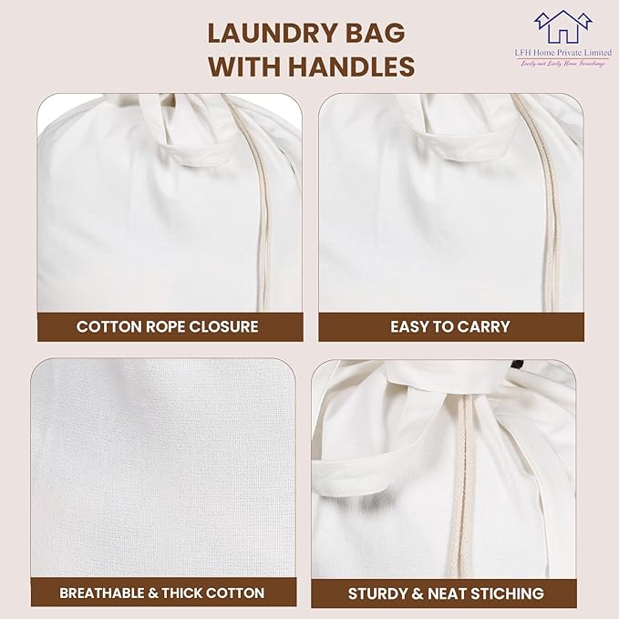 LFH Home Cotton Canvas Extra Large Laundry Bag with Handle, Heavy Duty Drawstring Closure Washable Laundry Bags School Travel, Home, Hotel, College Dorm, Organizer Sack, Toys Clothes 28x40-White