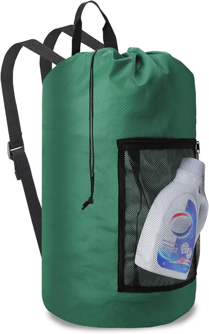 Femuar Laundry Bag Backpack Durable Laundry Bag with Shoulder Straps and Mesh Pockets Portable Laundry Dirty Clothes Hamper Bag for College Dorm (Green)