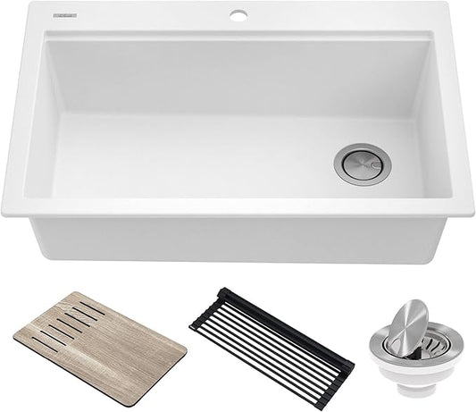 KRAUS Bellucci Workstation 33 in. Drop In Single Bowl Granite Kitchen Sink in White with Accessories, KGTW1-33WH