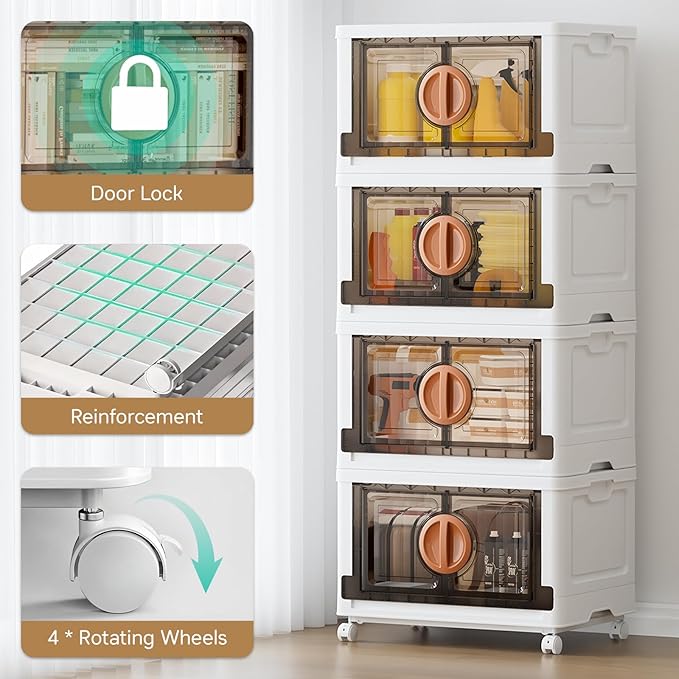 JEKO&JEKO 332Qt Lockable Stackable Storage Bins with Lids, Collapsible Closet Organizer with Wheels, Plastic Cabinet Drawer for Clothes, Dorm Room 4 Pack (White)
