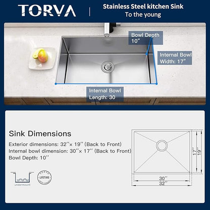 TORVA 32-Inch Undermount Kitchen Sink, Premium 304 Stainless Steel Bar Sink - 10 Inches Deep Basin Single Bowl Sink